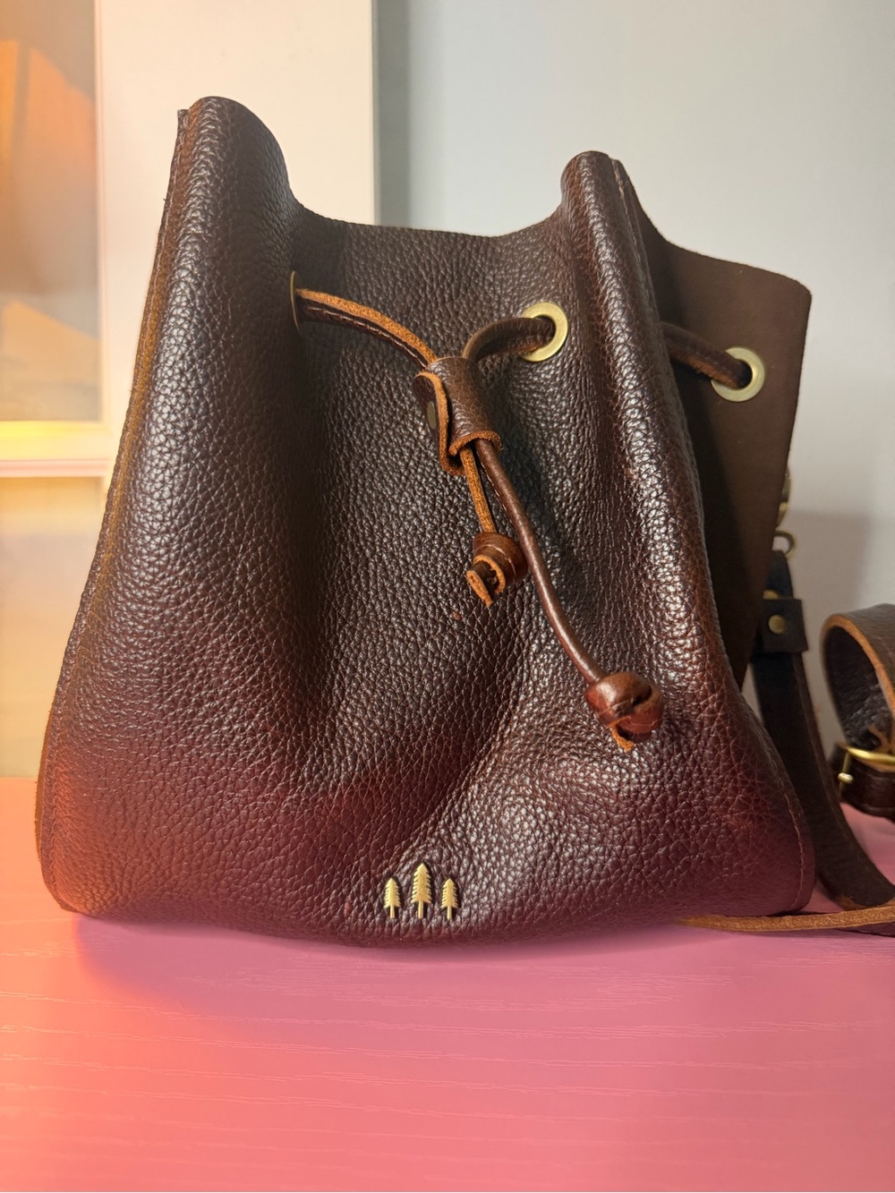 Portland Leather Dark Brown Pebbled Leather Drawstring Shoulder Bag